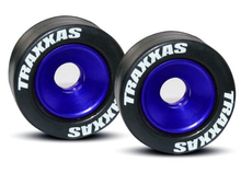 Load image into Gallery viewer, Traxxas 5186A Rubber Tires Mounted on Blue-Anodized Aluminum Wheelie Bar Wheels (pair)
