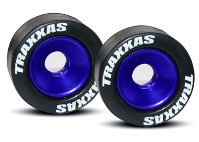 Traxxas 5186A Rubber Tires Mounted on Blue-Anodized Aluminum Wheelie Bar Wheels (pair)