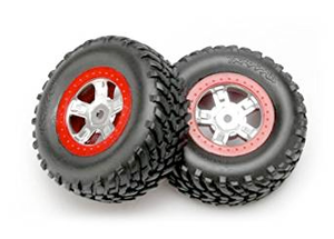 7073A Tires and wheels, assembled, glued (SCT satin chrome wheels, red beadlock style, SCT off-road racing tires, foam inserts) (1 each, right & left)