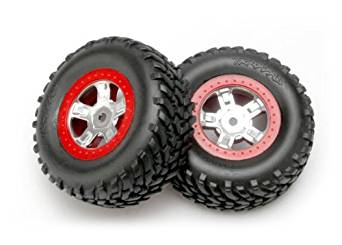 7073A Tires and wheels, assembled, glued (SCT satin chrome wheels, red beadlock style, SCT off-road racing tires, foam inserts) (1 each, right & left)