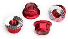 Load image into Gallery viewer, Nuts, aluminum, flanged, serrated (4mm) (red-anodized) (4)
