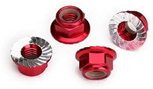 Nuts, aluminum, flanged, serrated (4mm) (red-anodized) (4)