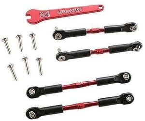 Turnbuckles, aluminum (red-anodized), camber links, front, 39mm (2), rear, 49mm (2) (assembled w/ rod ends & hollow balls)/wrench