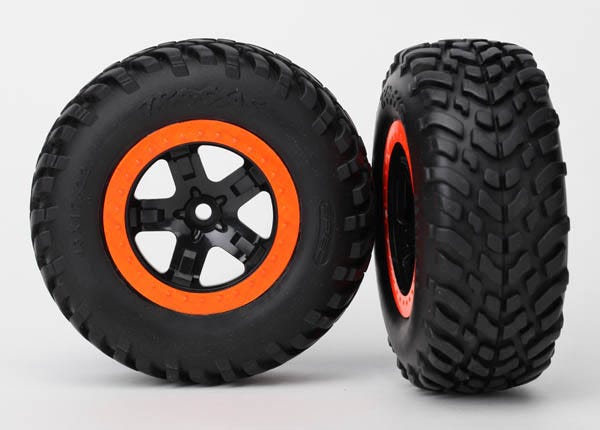 Tires & wheels, assembled, glued (S1 compound) (SCT, black, orange beadlock wheels, dual profile (2.2' outer, 3.0' inner), SCT off-road racing tires, foam inserts) (2) (4WD f/r, 2WD rear) (TSM rated)